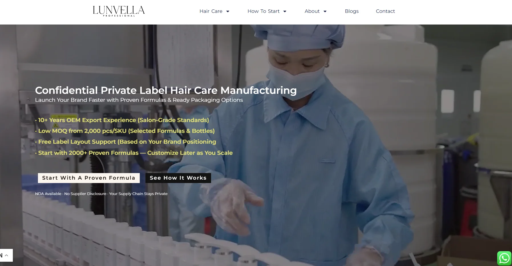 Person in blue protective clothing working at Lunvella hair care manufacturing, surrounded by equipment and bottles.